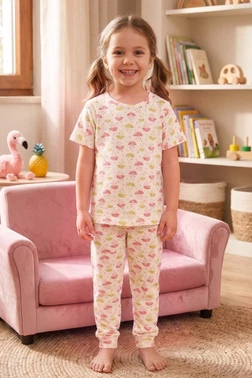 Öts İç Giyim Kız Çocuk Pamuklu Pijama Takımı Kısa Kol Uzun Alt Desenli Geniş ve Rahat Kesim Öts 474005
