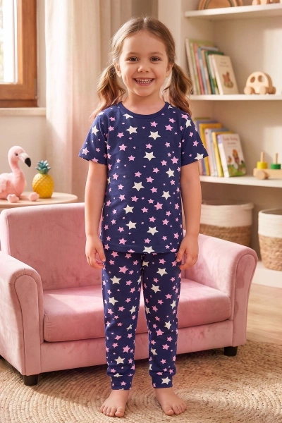Kız Çocuk Pamuklu Pijama Takımı Kısa Kol Uzun Alt Desenli Geniş ve Rahat Kesim Öts 474006