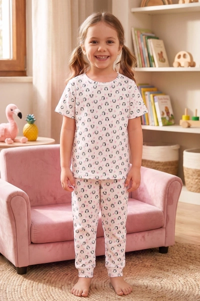 Kız Çocuk Pamuklu Pijama Takımı Kısa Kol Uzun Alt Desenli Rahat Uyku Kalıbı Öts 474001