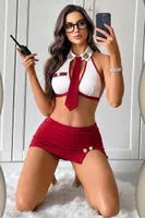 Kravatlı Ve Mini Etekli Kostüm Takımı Real Passione 20099 Kırmızı görsel 4