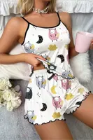 Kuzu Desenli Pembe İp Askılı Yazlık Şort Pijama Takımı Real Passione S-46 Beyaz farklı açı