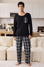 Lacivert Alt Ekose Uzun Kollu Erkek Çift Pijama Takımı Bella Notte CP-7553