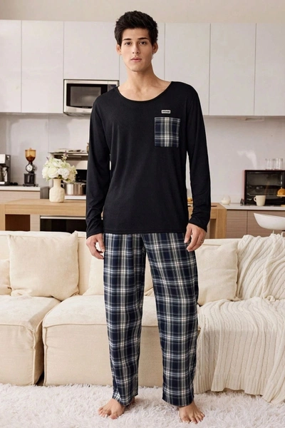 Lacivert Alt Ekose Uzun Kollu Erkek Çift Pijama Takımı Bella Notte CP-7553