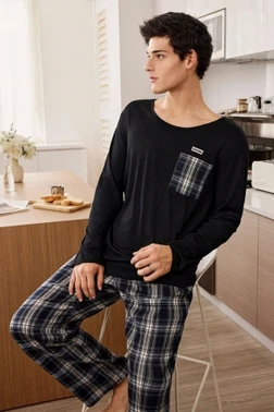 Lacivert Alt Ekose Uzun Kollu Erkek Çift Pijama Takımı Bella Notte CP-7553 - Alternatif Görünüm