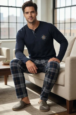 Lacivert Erkek Uzun Kollu Pijama Takım Tekten 8190