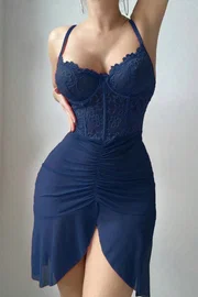 Real Passione Lacivert Göğüs Dantel ve Büzgü Detaylı fantezi Gecelik Real Passione 4090