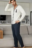 Lacivert Uzun Kollu Kravat Ve Düğme Detaylı Pamuklu Yeni Sezon Erkek Çift Pijaması Bella Notte CP-7591 Lacivert görsel 6