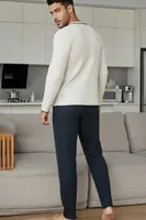 Lacivert Uzun Kollu Kravat Ve Düğme Detaylı Pamuklu Yeni Sezon Erkek Çift Pijaması Bella Notte CP-7591 Lacivert görsel 8