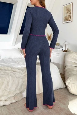 Lacivert Uzun Kollu Pembe Biye Ve Fiyonk Detaylı Pamuklu Pijama Takımı Bella Notte 77501 - Alternatif Görünüm