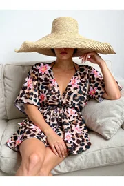 Leopar Baskılı Bağcık Detaylı Pareo Plaj Elbisesi Bella Notte P-3003