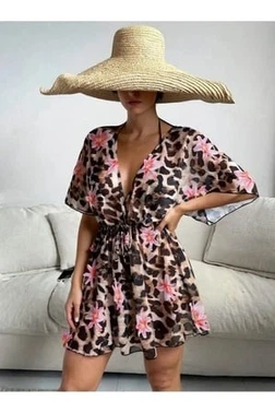 Leopar Baskılı Bağcık Detaylı Pareo Plaj Elbisesi Bella Notte P-3003 - Alternatif Görünüm