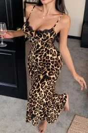 Leopar Desenli İnce Askılı Uzun Fantazi Gecelik Feel Lady F203