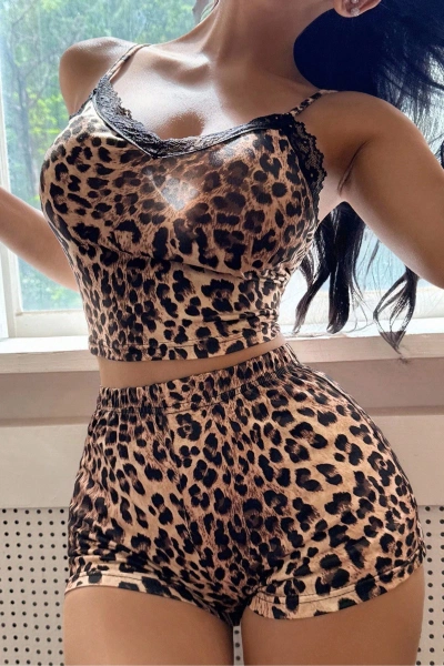 Leopar Desenli Pembe İp Askılı Yazlık Şort Pijama Takımı Real Passione S-42