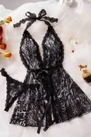 Leopar Desenli Siyah Dantel Detaylı Fantezi Gecelik Takımı Lily Bianca LB-328 Siyah farklı açı