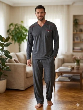 Likralı İki İplik V Yaka Erkek Pijama Takımı Bone Club 6372 - Alternatif Görünüm