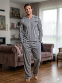 Likralı İki İplik V Yaka Erkek Pijama Takımı Bone Club 6372