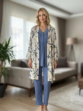 Likralı Saten Kadın 3'lü Pijama Takımı Bone Club 6327