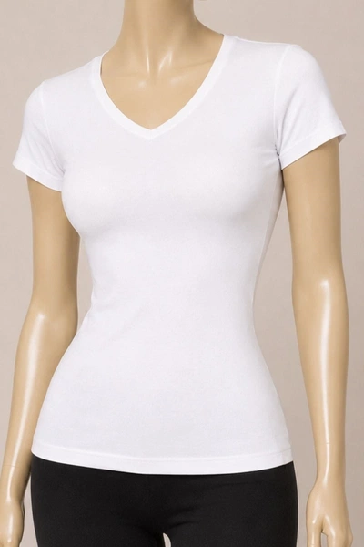 Likralı V Yaka Kısa Kol Kadın T-Shirt Beyaz Yıldız 2370