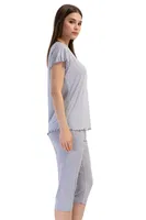 Likralı Viskon V Yaka Kısa Kol Eteği Oval Kapri Takım Vienetta K409306 Gri farklı açı