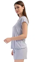 Viskon V Yaka Kısa Kol Eteği Oval Şort Takım Vienetta K409305 Gri farklı açı