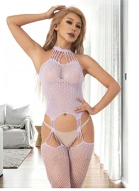 Lila Ağı Açık Fileli Jartiyerli Vücut Çorabı So Beautiful 2498
