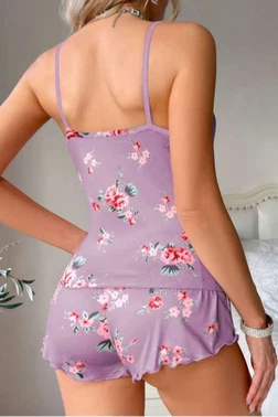 Real Passione Lila Çiçekli Yazlık Şort Pijama Takım Real Passione S-46 - Alternatif Görünüm