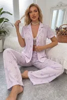 Lila Çizgili Fiyonk Desenli Kısa Kollu Düğmeli Pijama Takımı Bella Notte 77593 Lila görsel 6