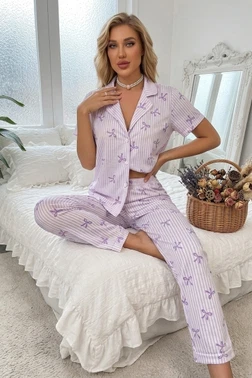 Lila Çizgili Fiyonk Desenli Kısa Kollu Düğmeli Pijama Takımı Bella Notte 77593