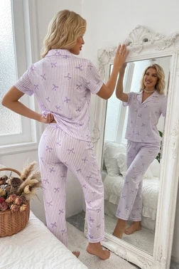 Lila Çizgili Fiyonk Desenli Kısa Kollu Düğmeli Pijama Takımı Bella Notte 77593 - Alternatif Görünüm