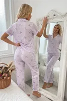 Lila Çizgili Fiyonk Desenli Kısa Kollu Düğmeli Pijama Takımı Bella Notte 77593 Lila detay görünüm