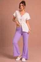 Lila Kısa Kollu V Yaka Fiyonk Ve Biye Süslü Pamuklu Pijama Takımı Bella Notte 77921 Lila görsel 4