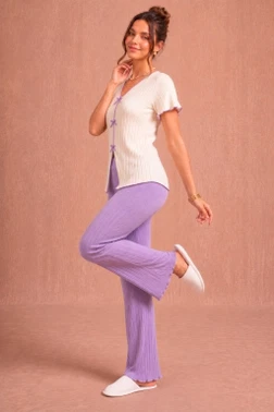 Lila Kısa Kollu V Yaka Fiyonk Ve Biye Süslü Pamuklu Pijama Takımı Bella Notte 77921 - Alternatif Görünüm
