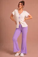 Lila Kısa Kollu V Yaka Fiyonk Ve Biye Süslü Pamuklu Pijama Takımı Bella Notte 77921 Lila farklı açı