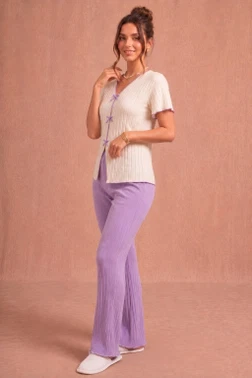 Lila Kısa Kollu V Yaka Fiyonk Ve Biye Süslü Pamuklu Pijama Takımı Bella Notte 77921