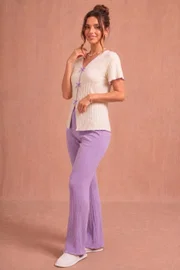 Lila Kısa Kollu V Yaka Fiyonk Ve Biye Süslü Pamuklu Pijama Takımı Bella Notte 77921