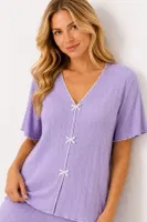 Lila Kısa Kollu V Yaka Pamuklu Fiyonk Süslemeli Pijama Takımı Bella Notte 77919 Lila farklı açı