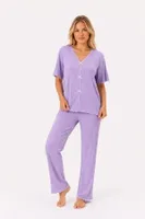 Lila Kısa Kollu V Yaka Pamuklu Fiyonk Süslemeli Pijama Takımı Bella Notte 77919 Lila görsel 4