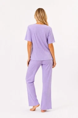 Lila Kısa Kollu V Yaka Pamuklu Fiyonk Süslemeli Pijama Takımı Bella Notte 77919 - Alternatif Görünüm