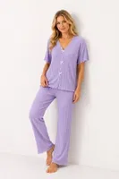 Lila Kısa Kollu V Yaka Pamuklu Fiyonk Süslemeli Pijama Takımı Bella Notte 77919 Lila görsel 5