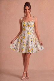 Limonlu Çiçekli Fiyonklu Askılı Kısa Elbise Bella Notte E-5598