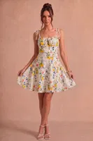 Limonlu Çiçekli Fiyonklu Askılı Kısa Elbise Bella Notte E-5598 Sarı