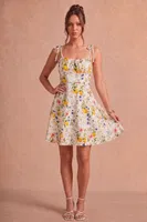 Limonlu Çiçekli Fiyonklu Askılı Kısa Elbise Bella Notte E-5598 Sarı farklı açı