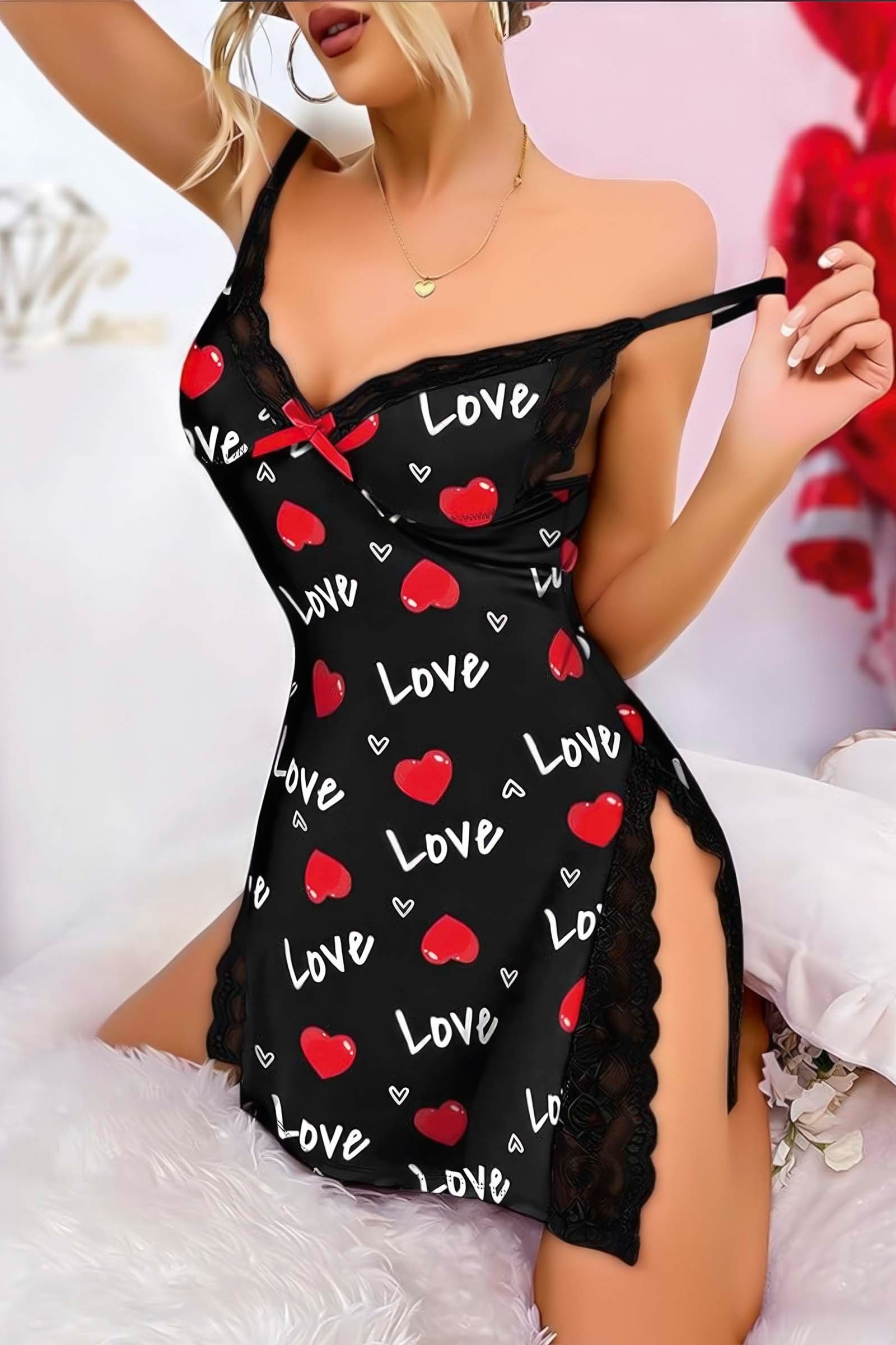 Love Siyah Askılı Yırtmaçlı Gecelik Penye Lily Bianca LB-280