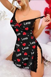 Love Siyah Askılı Yırtmaçlı Gecelik Penye Lily Bianca LB-280