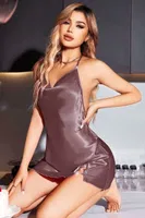 Lüks Degaje Yaka Zincir Detaylı Gül Kurusu Saten Gecelik Pink Night 3938 Mor