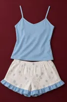 Mavi Askılı Çiçek Desenli Fırfırlı Şortlu Pijama Takımı Bella Notte 79077 Mavi görsel 5