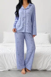 Mavi Çiçek Desenli Belmando Dokuma Uzun Kollu Düğmeli Pijama Takımı Bella Notte 61305