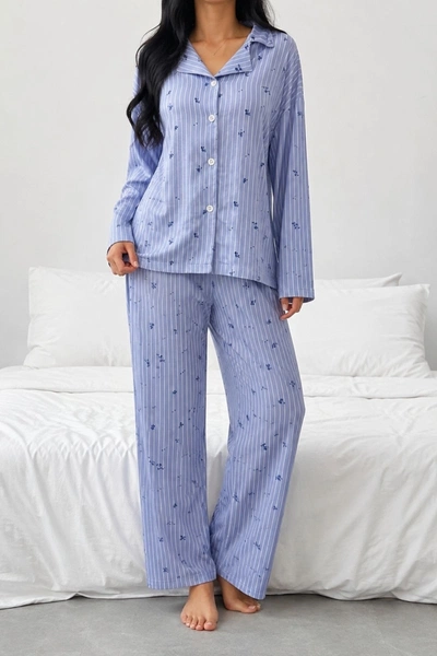 Mavi Çiçek Desenli Belmando Dokuma Uzun Kollu Düğmeli Pijama Takımı Bella Notte 61305