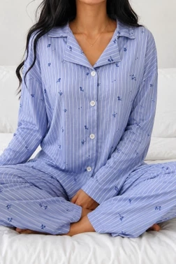 Mavi Çiçek Desenli Belmando Dokuma Uzun Kollu Düğmeli Pijama Takımı Bella Notte 61305 - Alternatif Görünüm