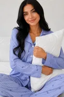 Mavi Çiçek Desenli Belmando Dokuma Uzun Kollu Düğmeli Pijama Takımı Bella Notte 61305 Mavi farklı açı